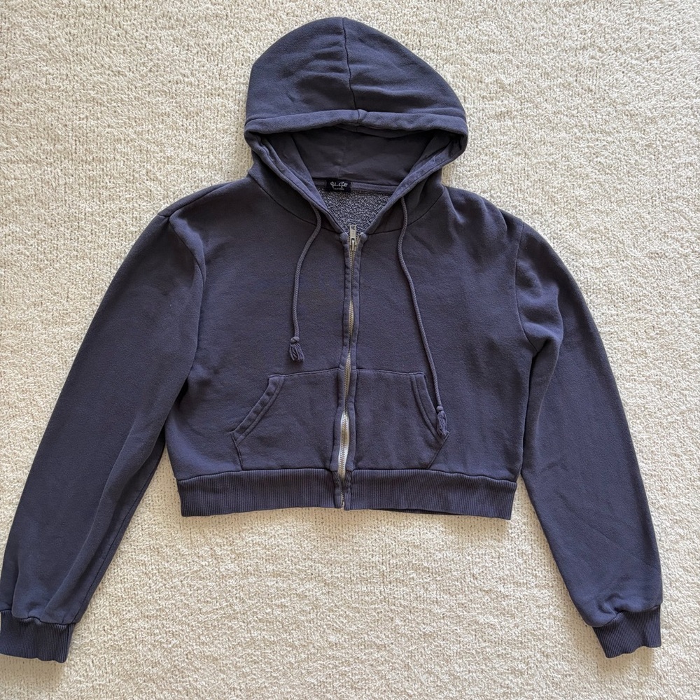 Brandy Melville Navy Cropped Hoodie Full Zip Long Sleeves Loungewear One Size